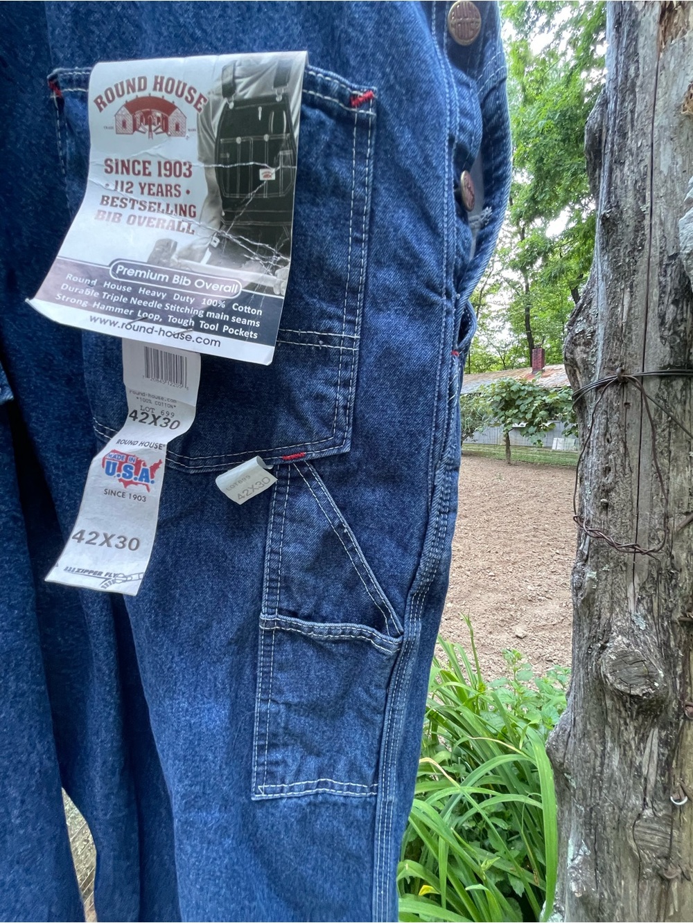 Round House Stone Washed Denim Overalls 42X30 Unisex - Picture 7 of 11